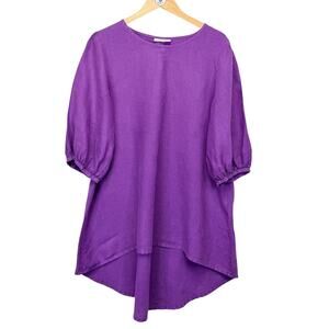 BRYN WALKER Linen Tunic Top Womens L Purple Puff Sleeves Lagenlook Oversized